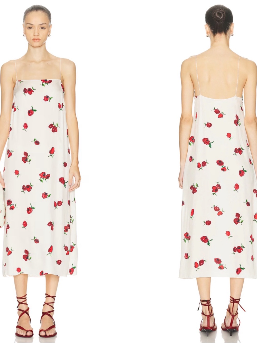KHAITE Cream Midi Slip Dress with Red Rose Print